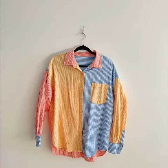 Stripe Multicolor Linen Button Down Shirt - Picture 1 of 6